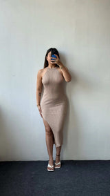 Size S-M, Taupe Halter Neck Ribbed Midi Dress