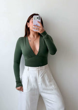 Size XS Olive Deep V Bodysuit