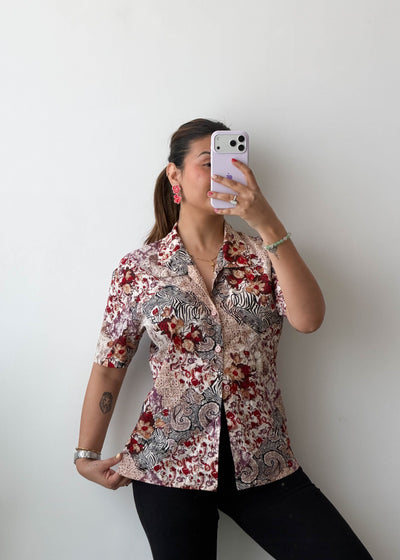 S-M Beige Red Vintage Print Viscose Shirt