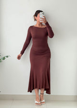 Size XS-M Brown Off-Shoulder Ruched Midi Dress