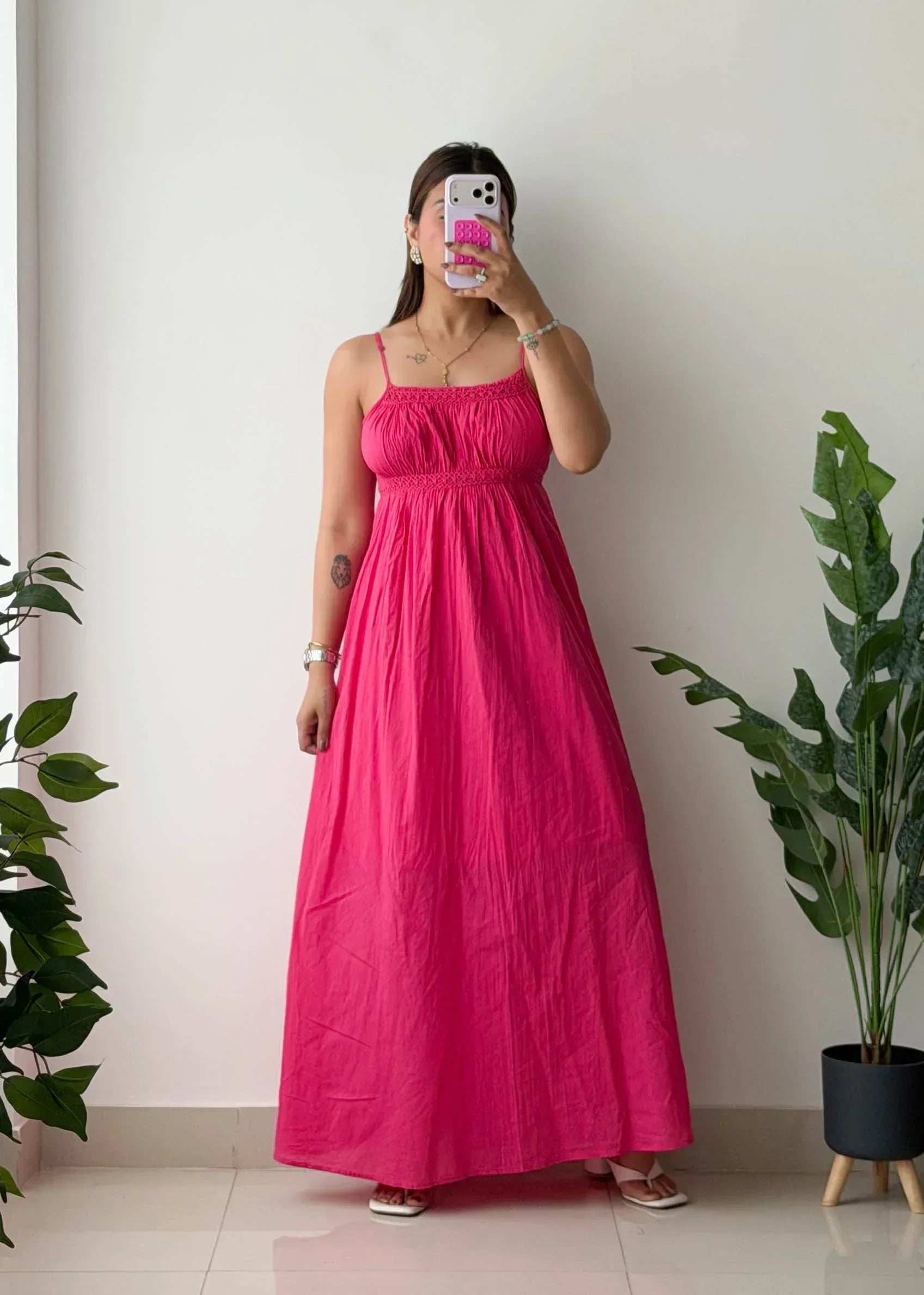 Size S-M, Hot Pink Smocked Maxi Dress