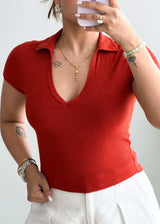 Size S-M, Red Collared Ribbed Top - Closet by Payal