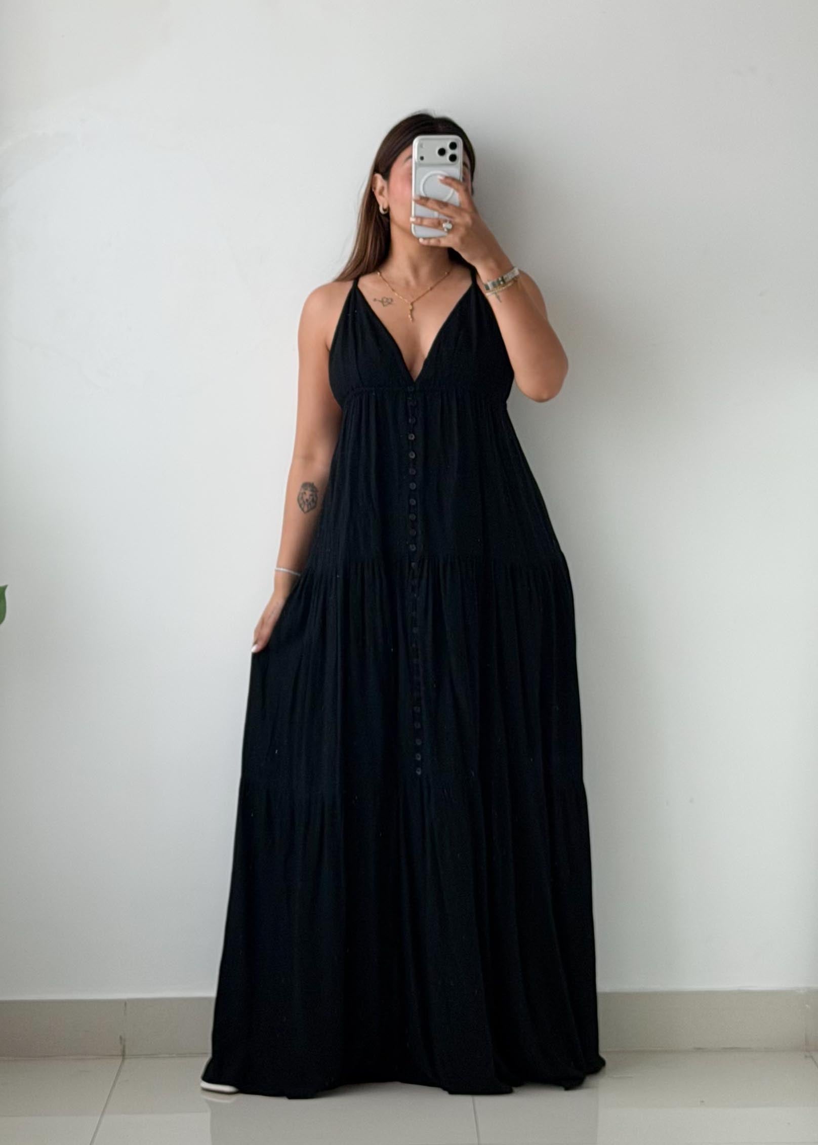 Size S-M Black V-Neck Tiered Maxi Dress