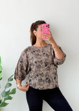 Size S-M Taupe Botanical Puff Sleeve Top