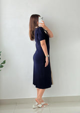 Size S-M Navy Contrast Collar Knit Midi Dress