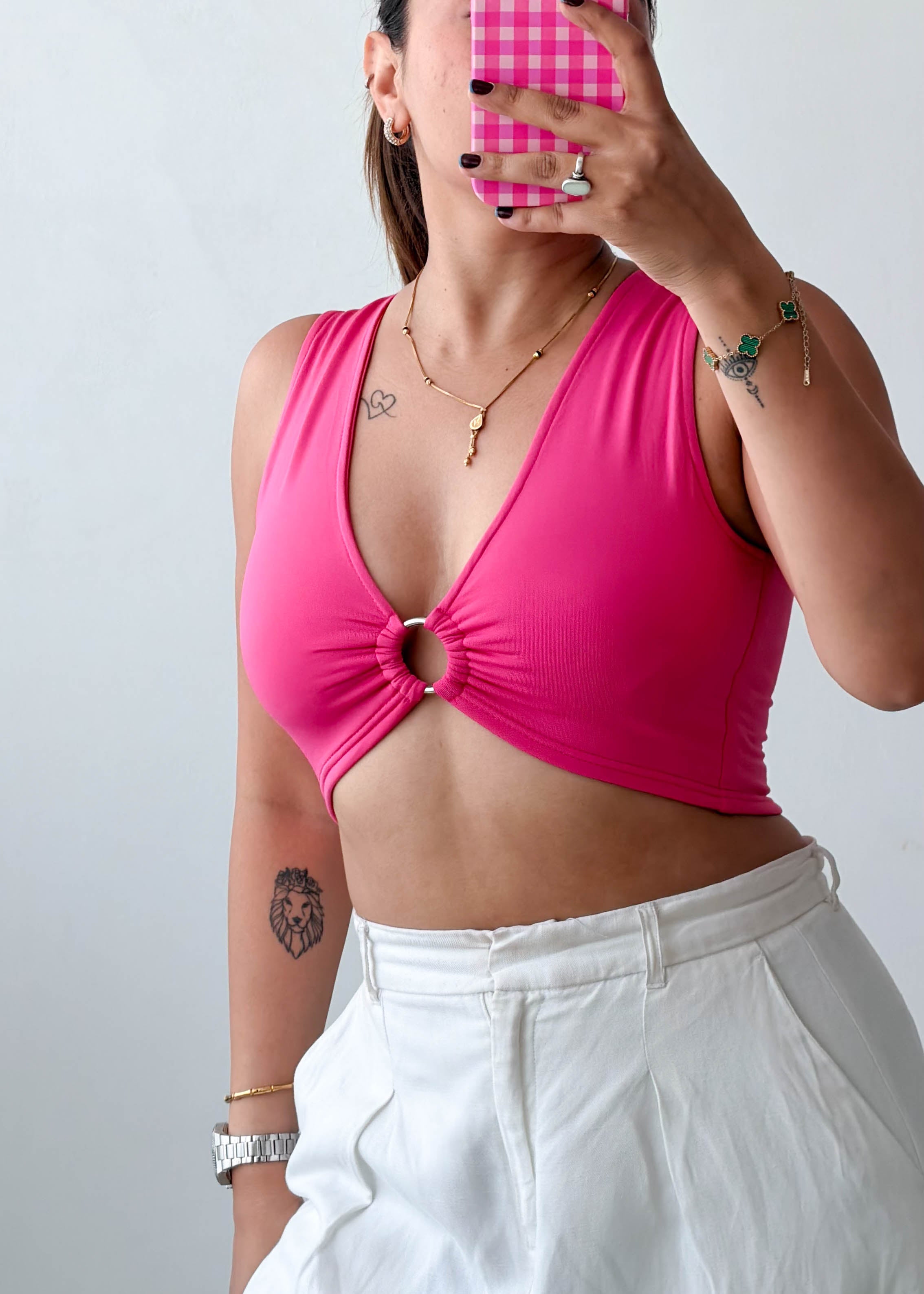 Size S-M Hot Pink Ring Detail Crop Top