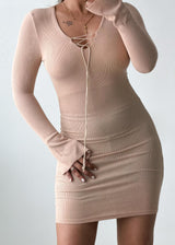 Size XS-S Beige Tie-Front Knit Mini Dress