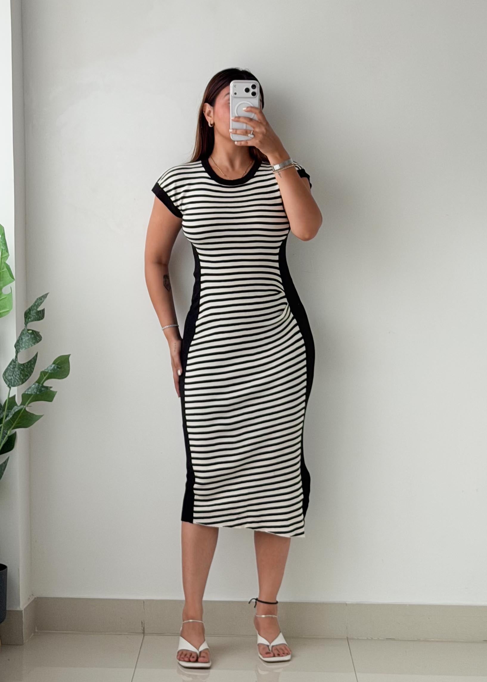 Size S-M Black & White Striped Knit Midi Dress