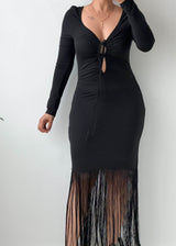 Size M-L Black Fringe Hem Bodycon Maxi Dress