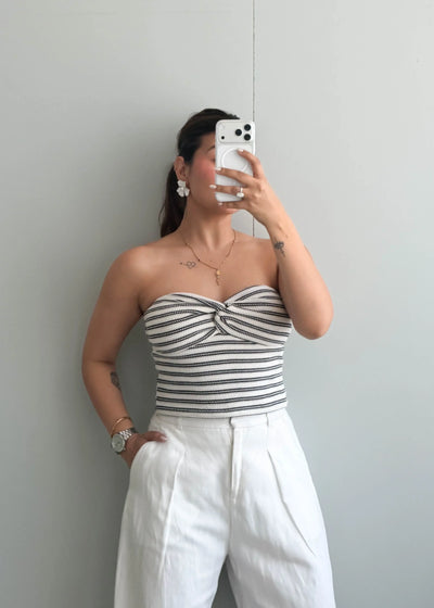 Size S-M, Black & White Stripe Strapless Crop Top - Closet by Payal