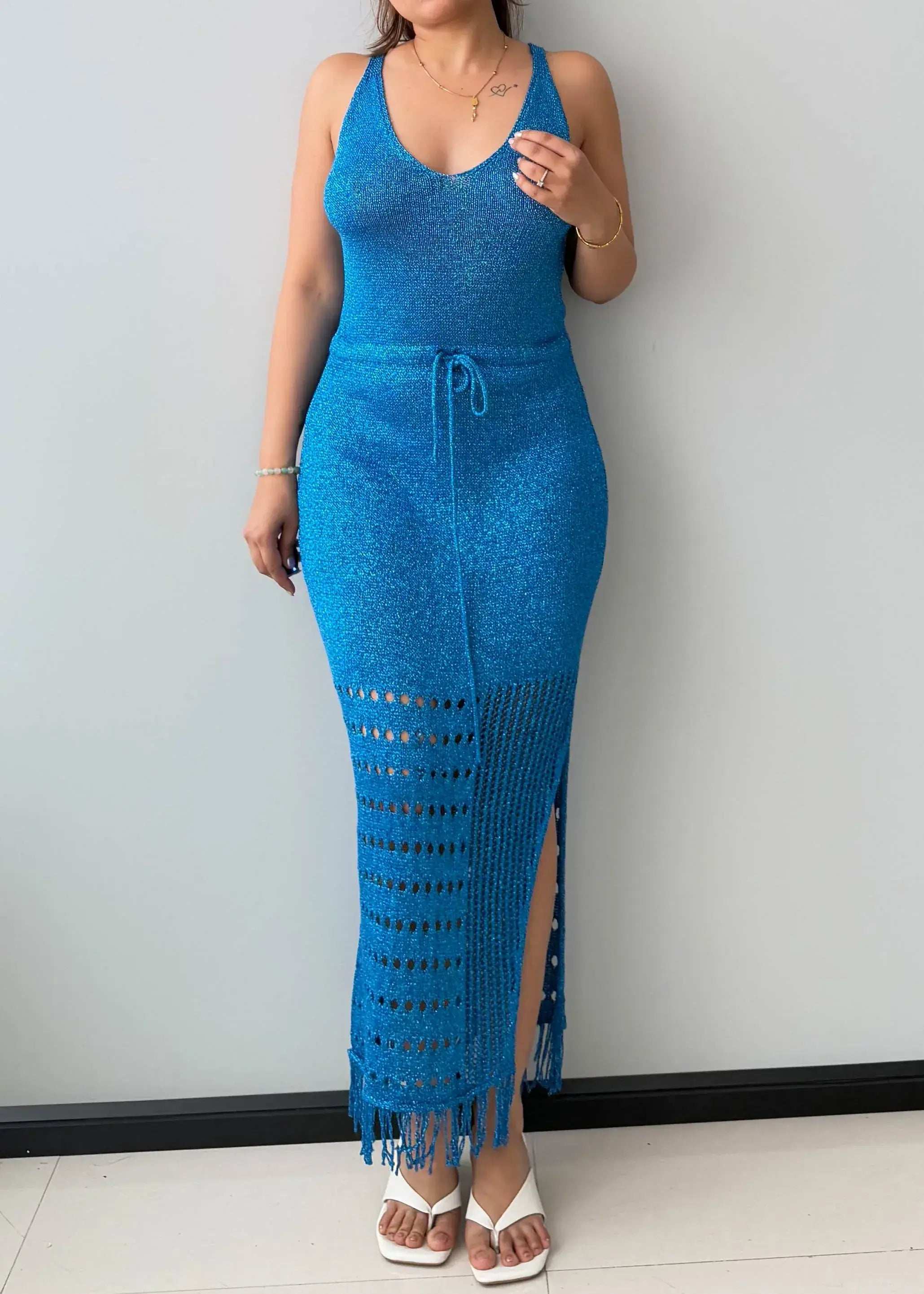 Size M-L, Blue Crochet Drawstring Maxi Dress - Closet by Payal