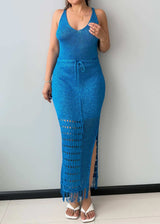 Size M-L, Blue Crochet Drawstring Maxi Dress - Closet by Payal