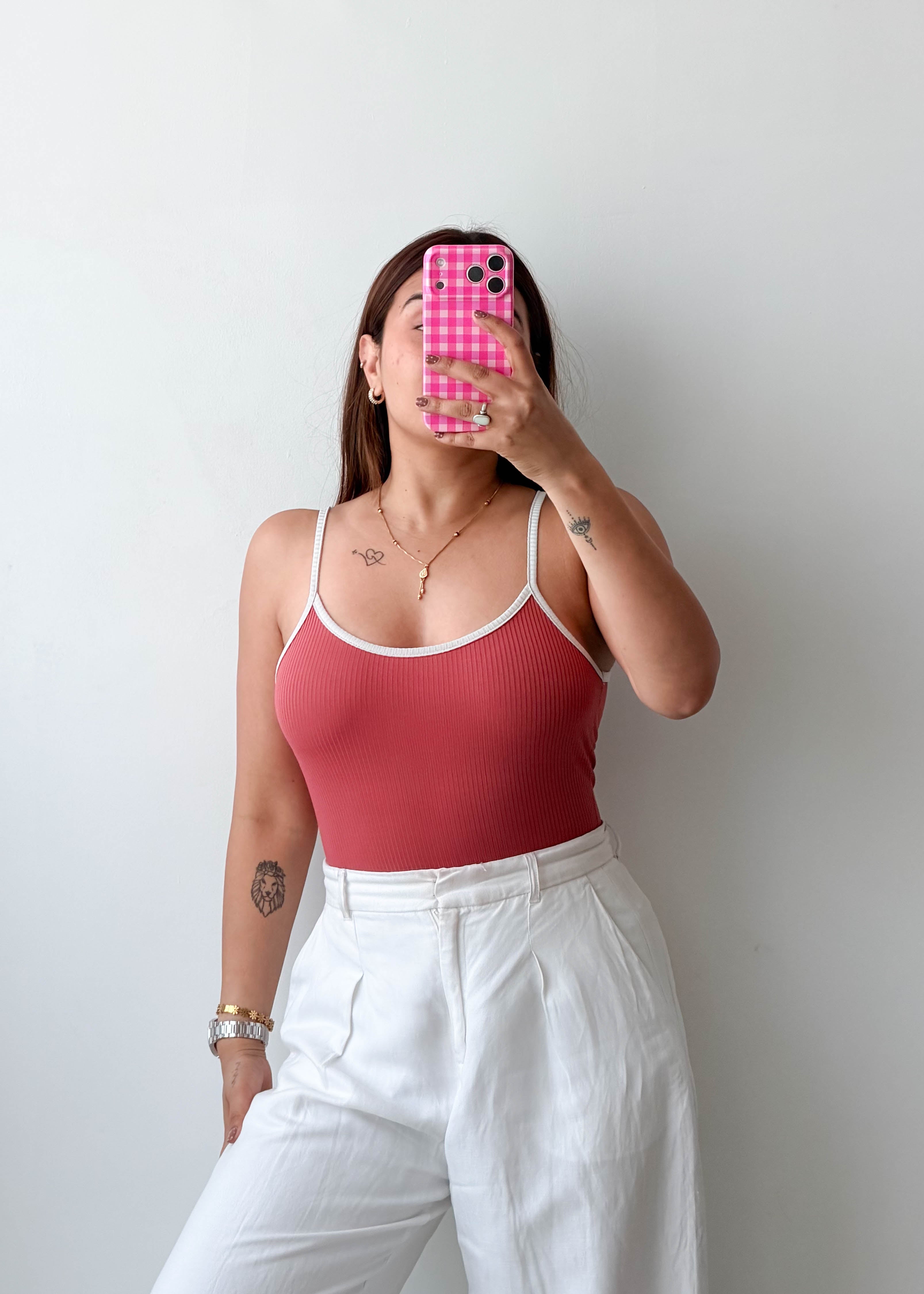Size S-M Rose Pink Ribbed Cami Bodysuit