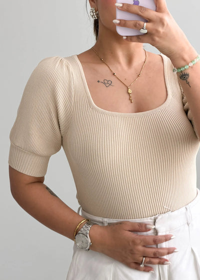 Size S-M, Beige Ribbed Half Sleeve Top - Closet by Payal
