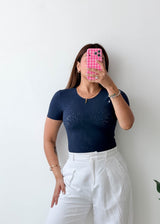 Size XS Navy Textured Crew Neck Bodysuit