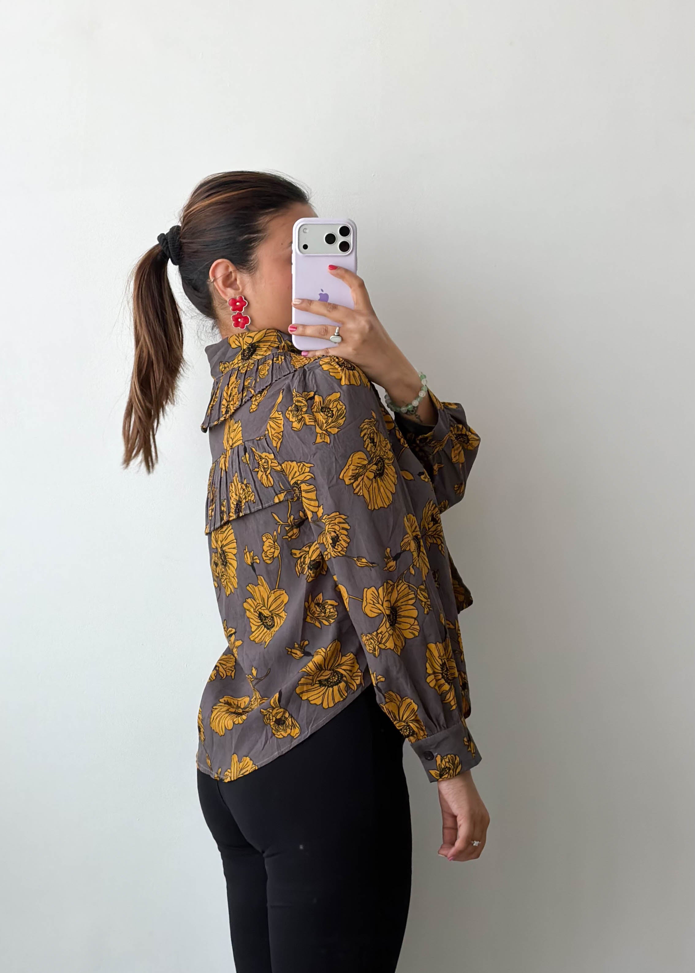 XS-S Brown Floral Bow Tie Soft Chiffon Shirt