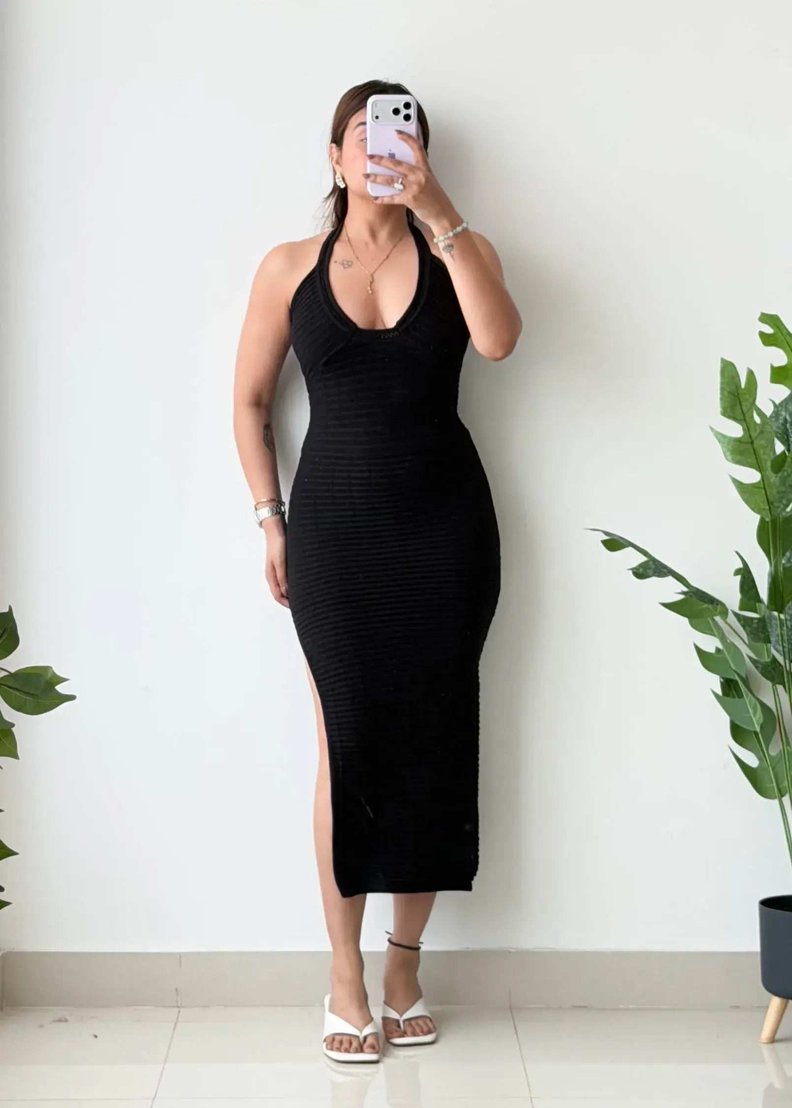 Size XS-S, Black Halter Neck Ribbed Midi Dress - Closet by Payal