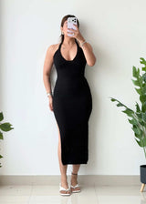 Size XS-S, Black Halter Neck Ribbed Midi Dress - Closet by Payal