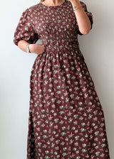 Size S-M & L-XL Brown Floral Smocked Maxi Dress With pockets