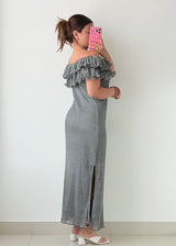 Size S-M Grey Off-Shoulder Ribbed Midi Dress