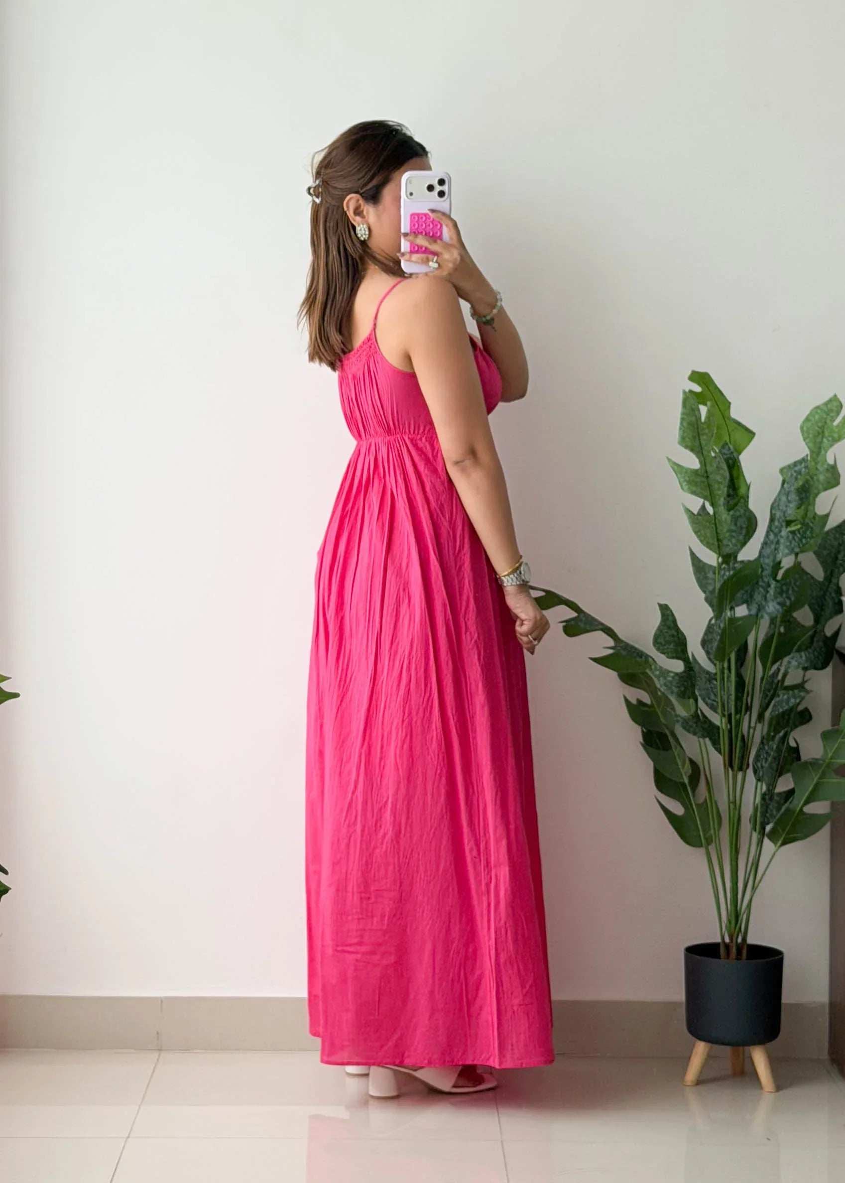 Size S-M, Hot Pink Smocked Maxi Dress