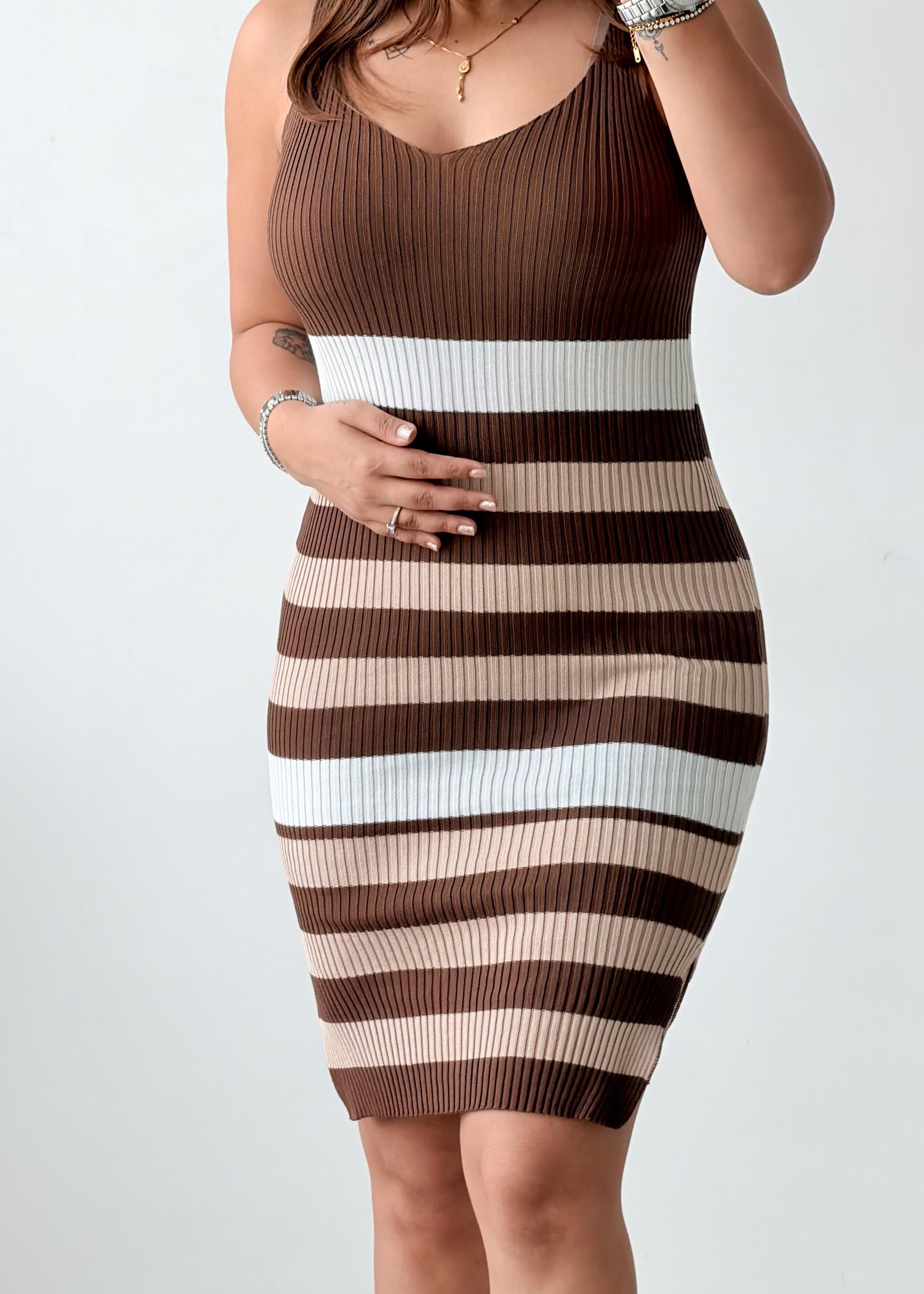 Size S-M Brown & Cream Striped Ribbed Knit Mini Dress