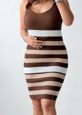 Size S-M Brown & Cream Striped Ribbed Knit Mini Dress