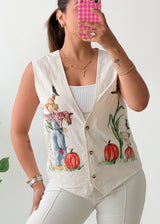 Size L-XL White Printed Button Vest