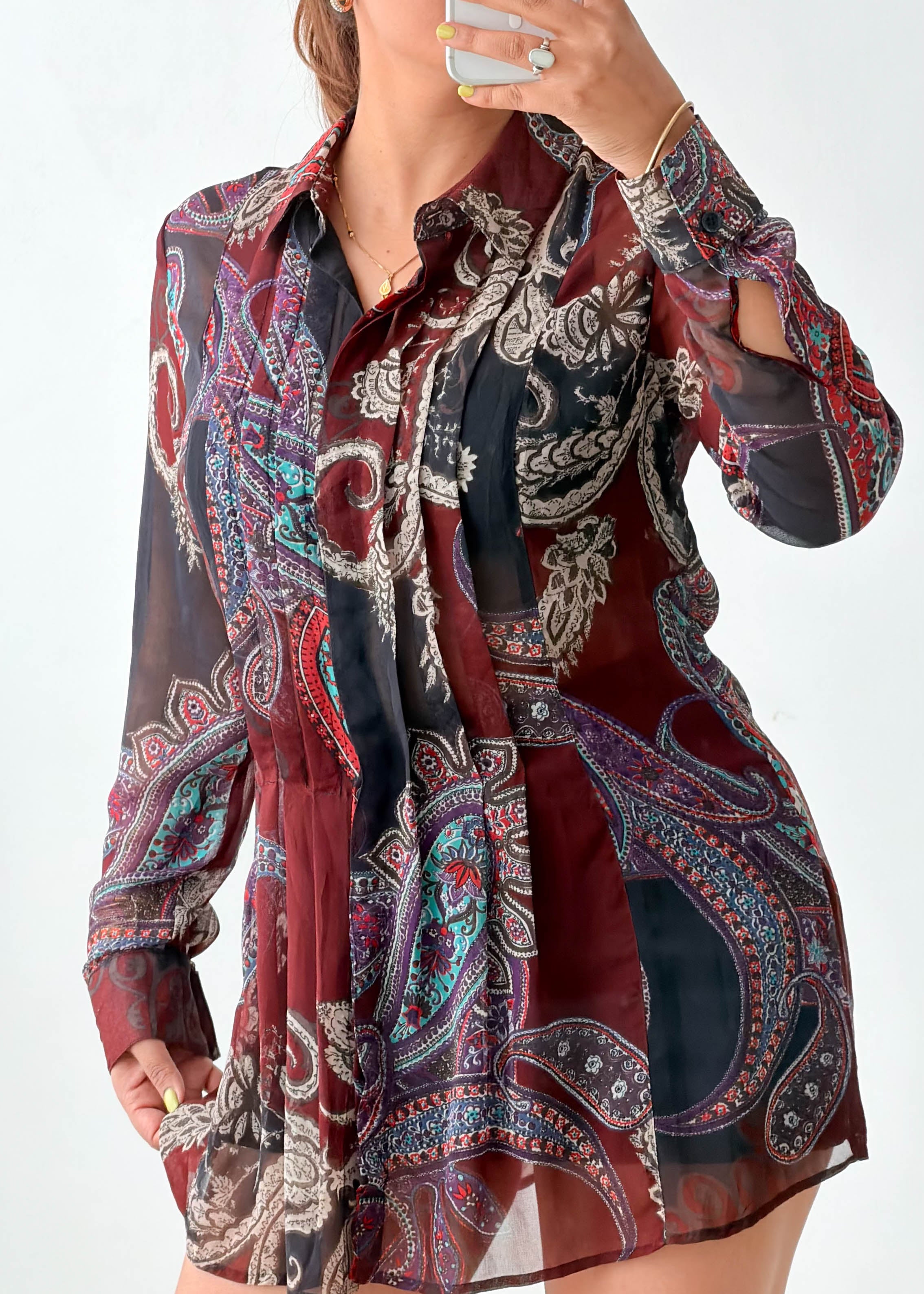 Size M-L Burgundy Paisley Sheer Shirt