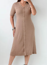 Size L-XL Beige Ribbed Button Knit Midi Dress