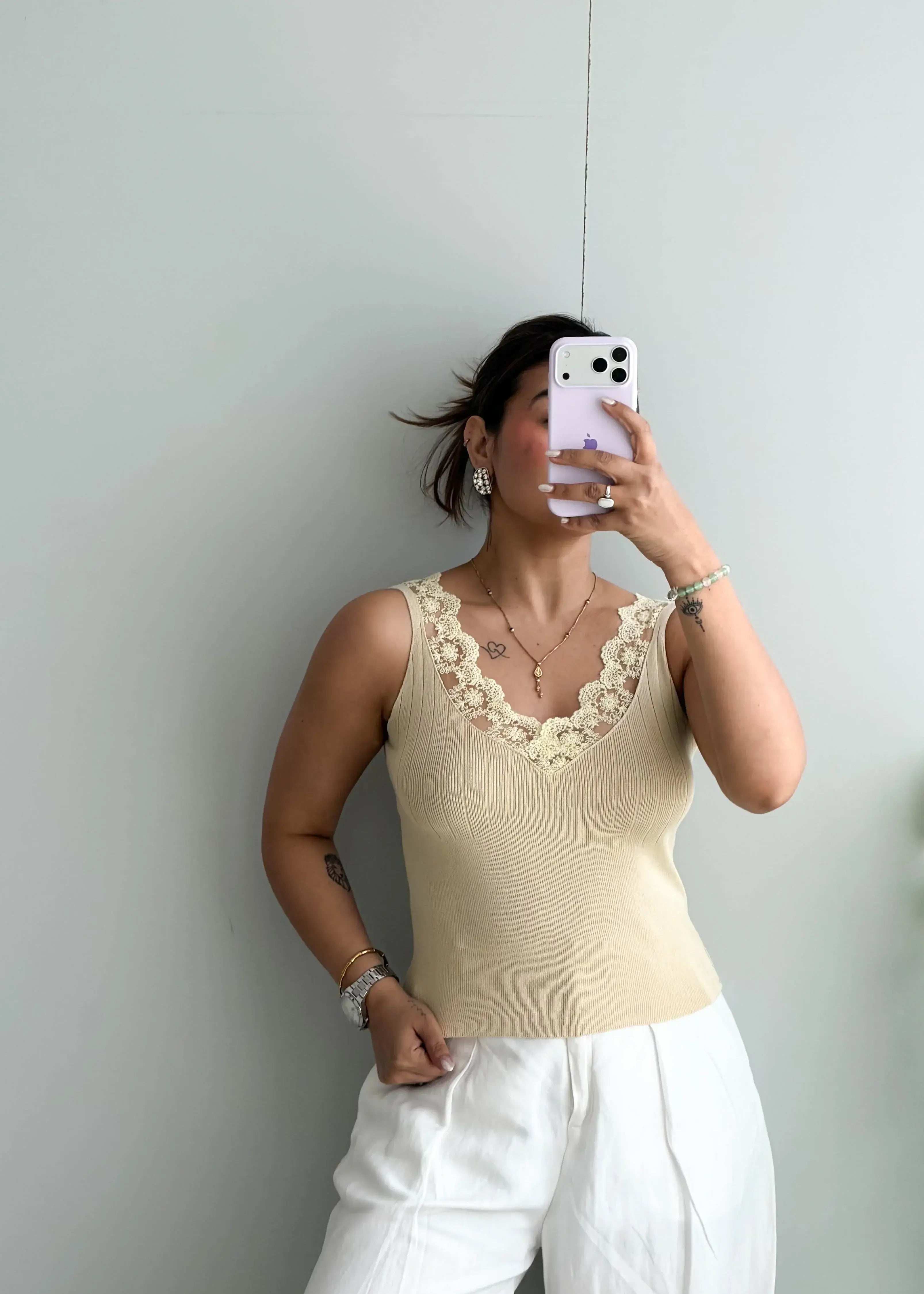 Size S-M, Beige Lace Trim Cami Top - Closet by Payal