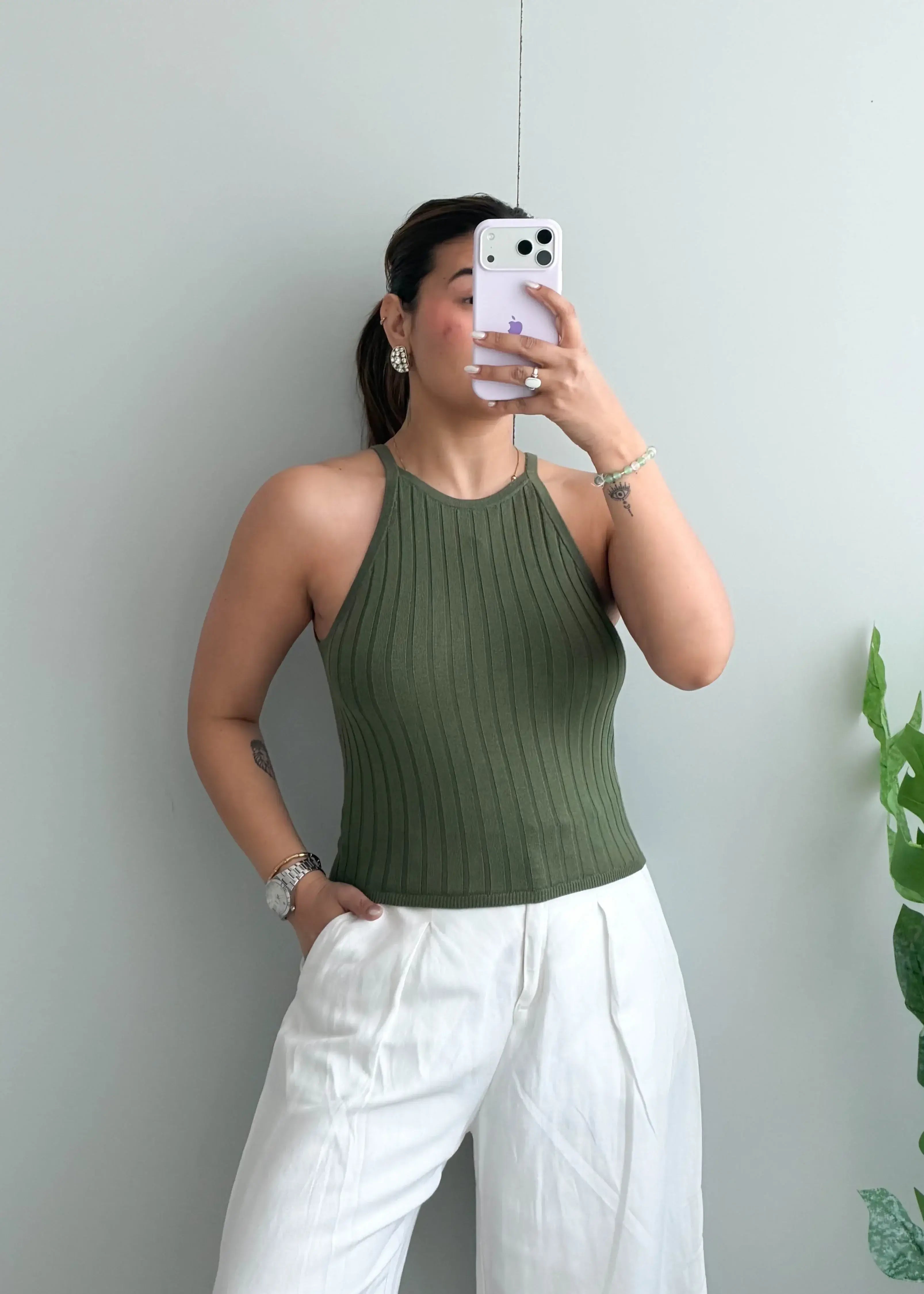 Size S-M Olive Ribbed Halter Neck Top - Closet by Payal
