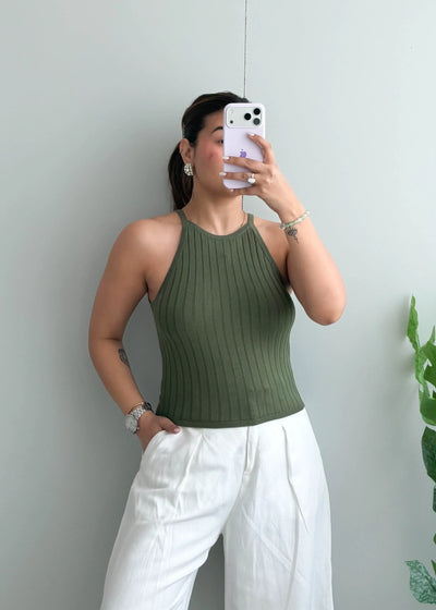 Size S-M Olive Ribbed Halter Neck Top - Closet by Payal