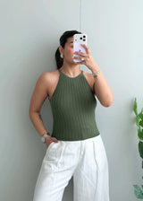 Size S-M Olive Ribbed Halter Neck Top - Closet by Payal