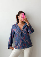 Size S-M Blue Feather Print Shirt