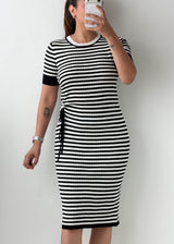 Size M-L Black & White Striped Knit Midi Dress