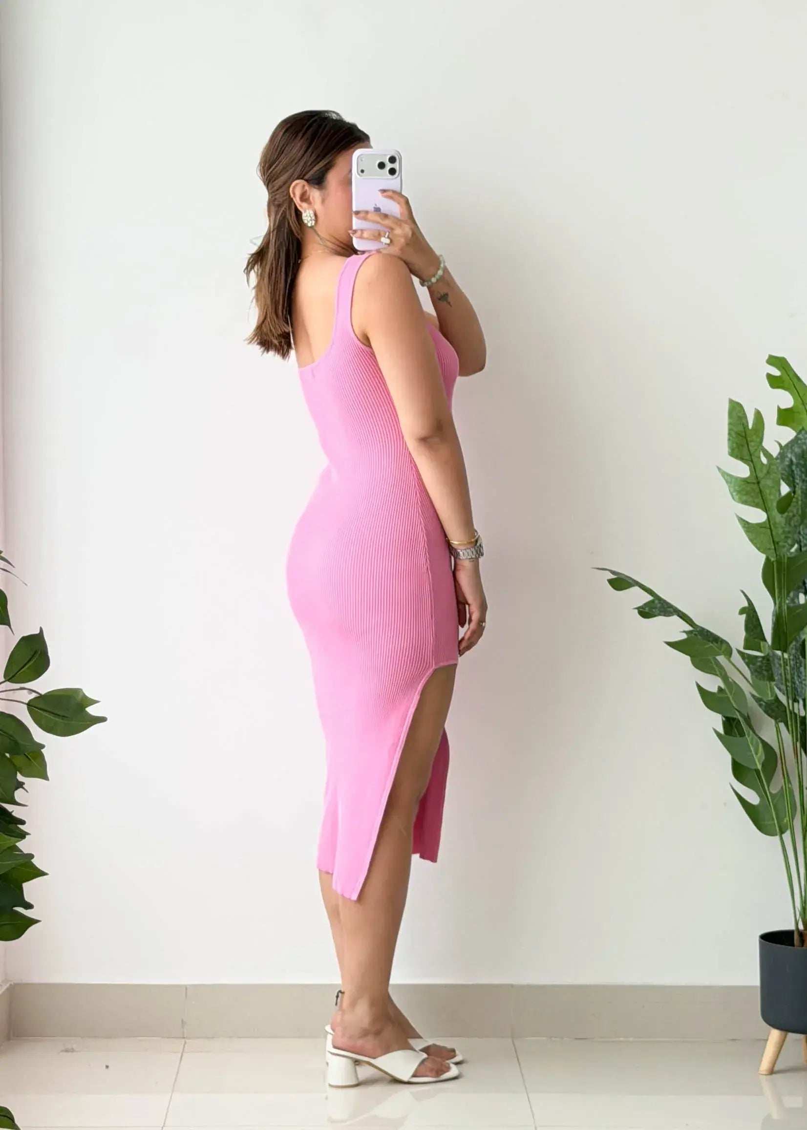 Size S-M, Pink Ribbed Side Slit Midi Dress - Closet by Payal
