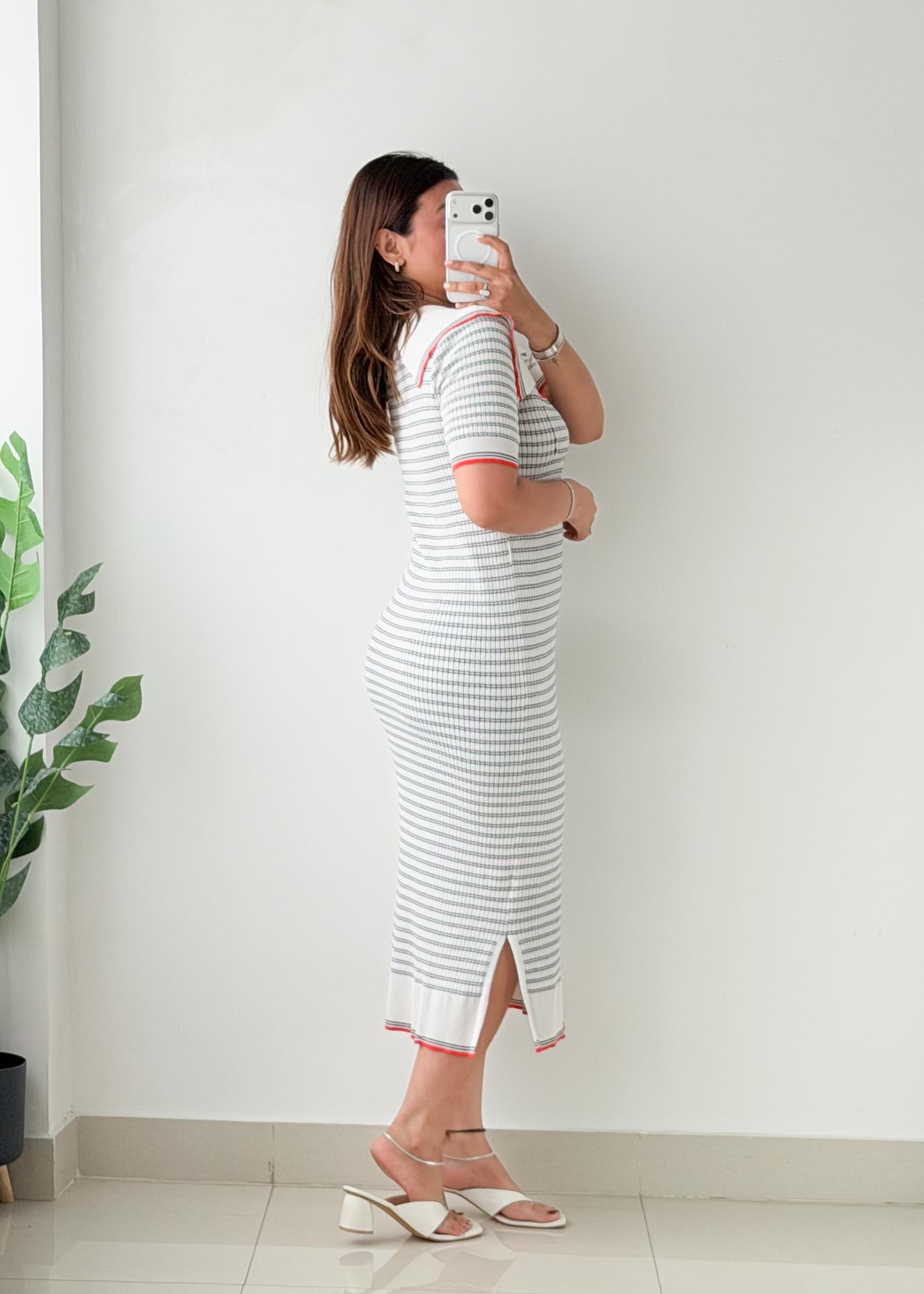 Size M-L Grey & White Striped Ribbed Polo Midi Dress