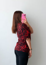 Size M-L Red Black Tropical Print Shirt Top