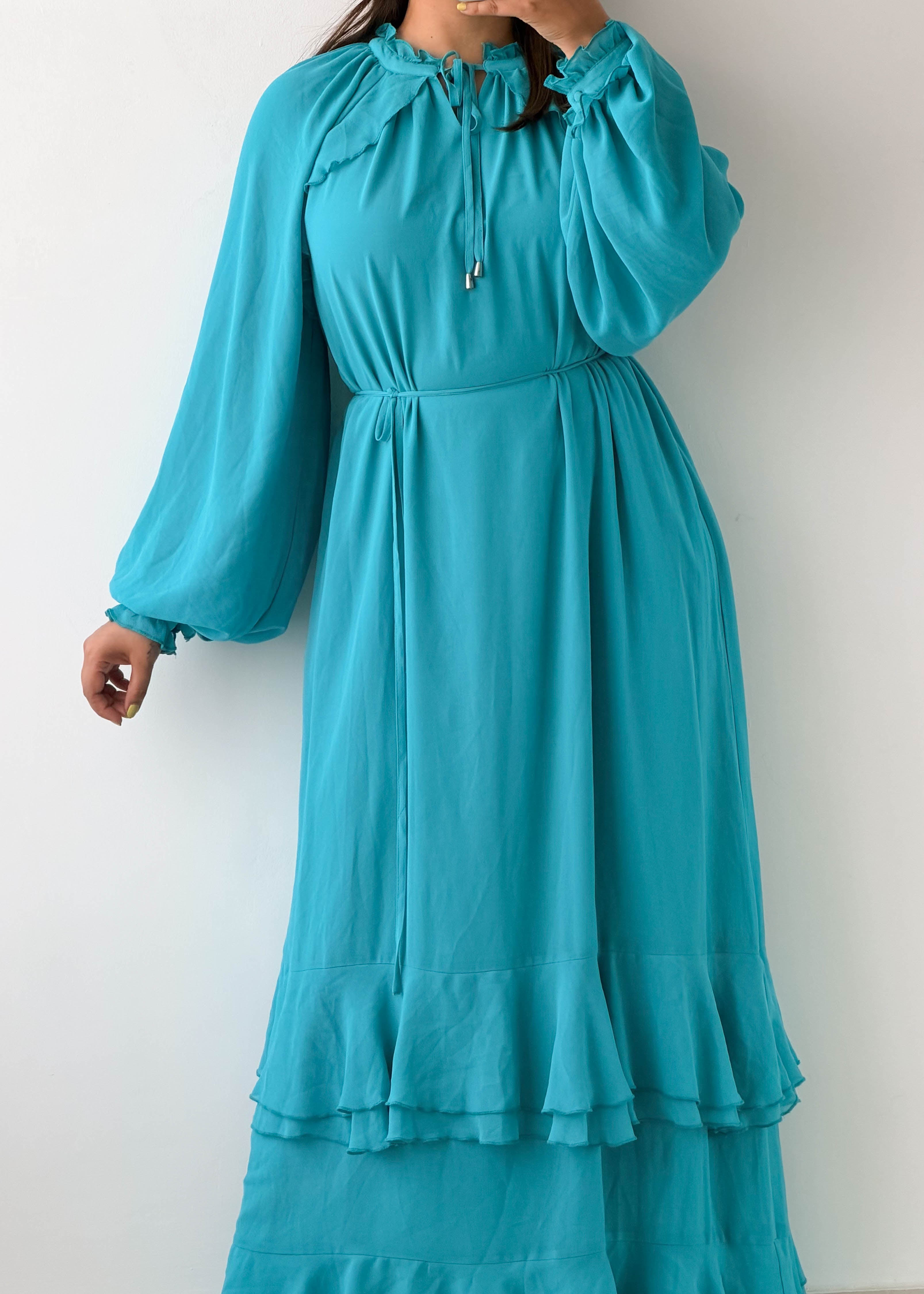 Size M-L Turquoise Chiffon Tiered Maxi Dress