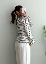 Size L-XL, Black & White Striped Long Sleeve Top - Closet by Payal