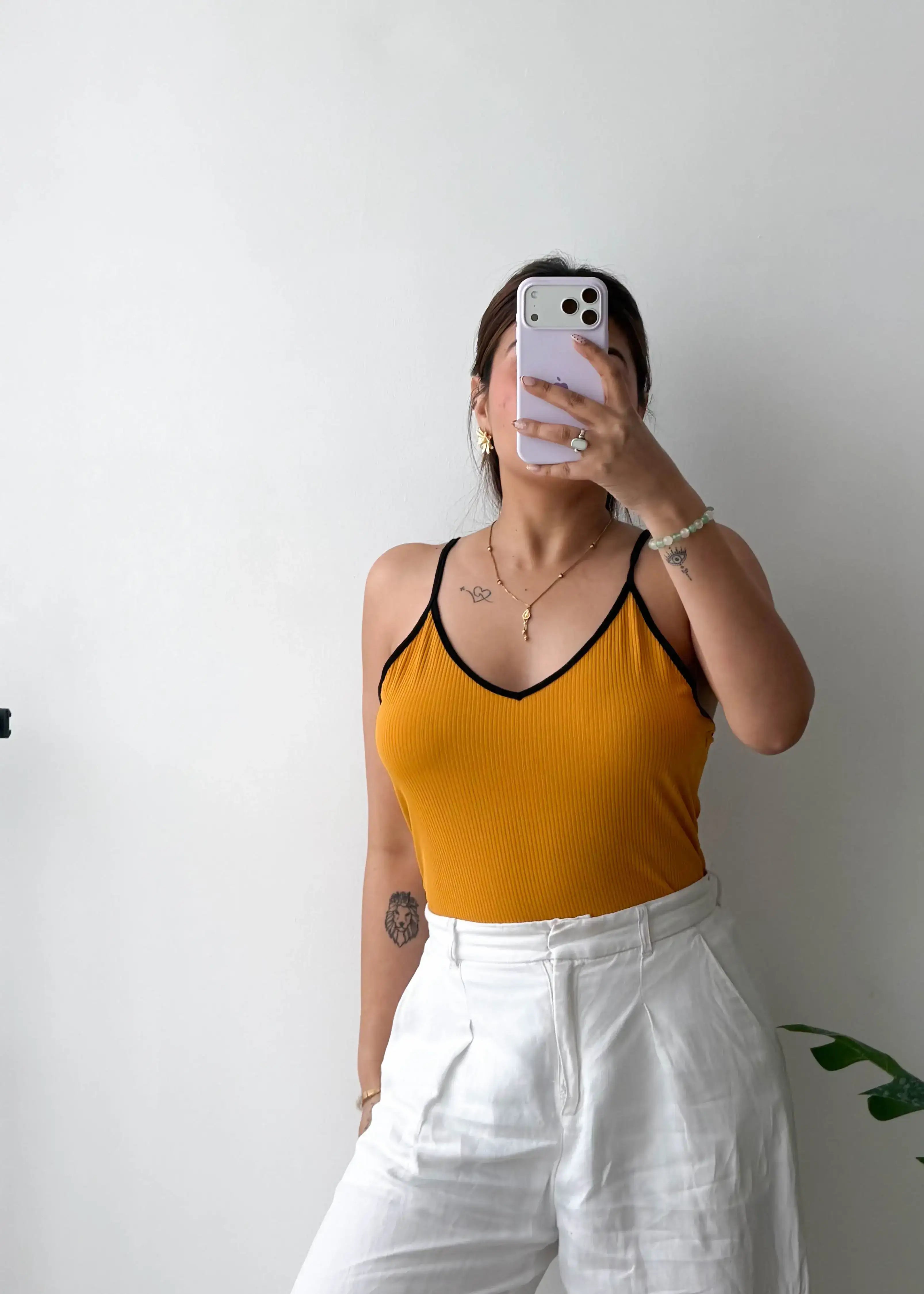 Size L-XL, Mustard Contrast Strap Camisole Bodysuit