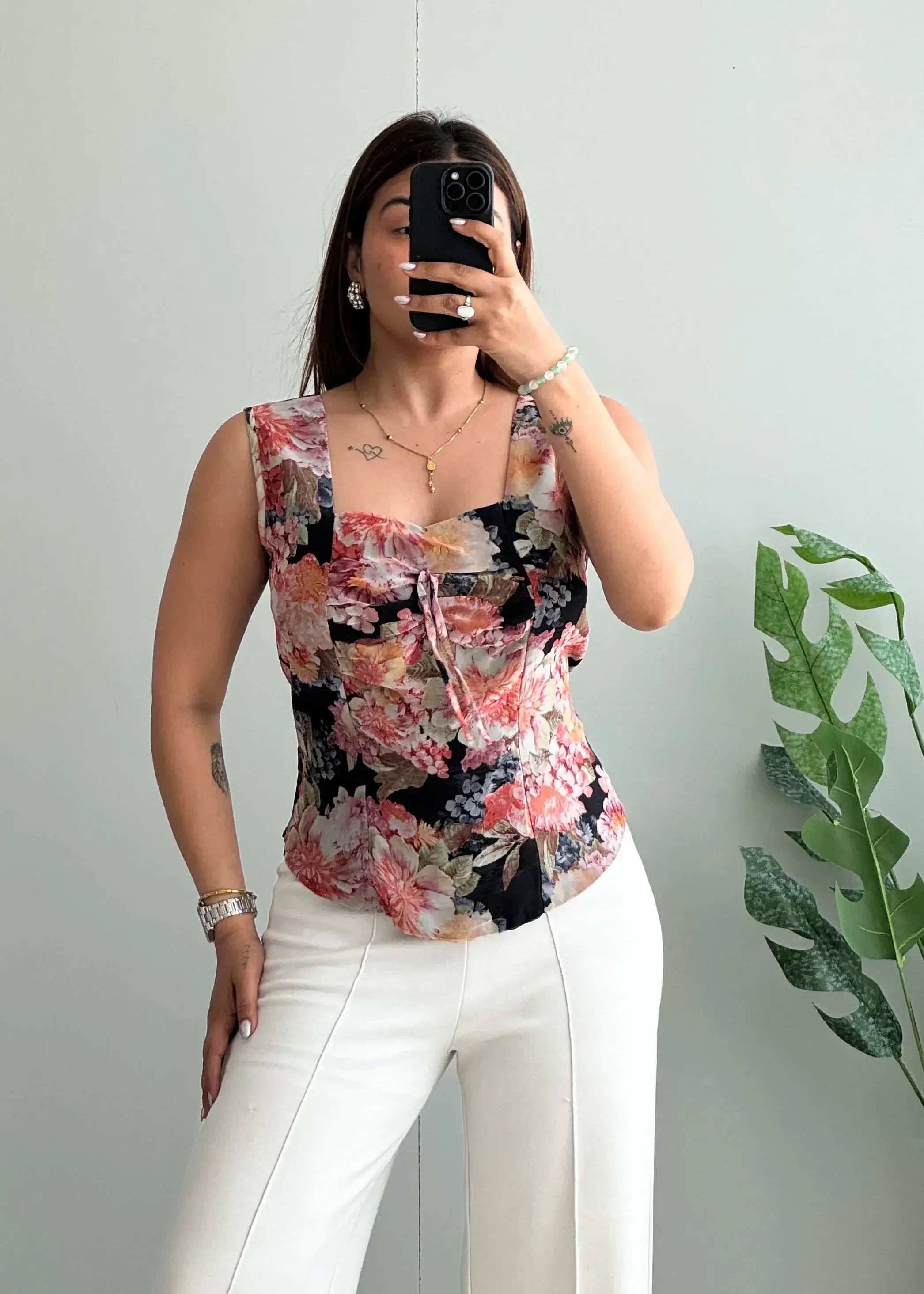 Size XS-S, Black Floral Corset Style Sleeveless Top for Women - Closet by Payal