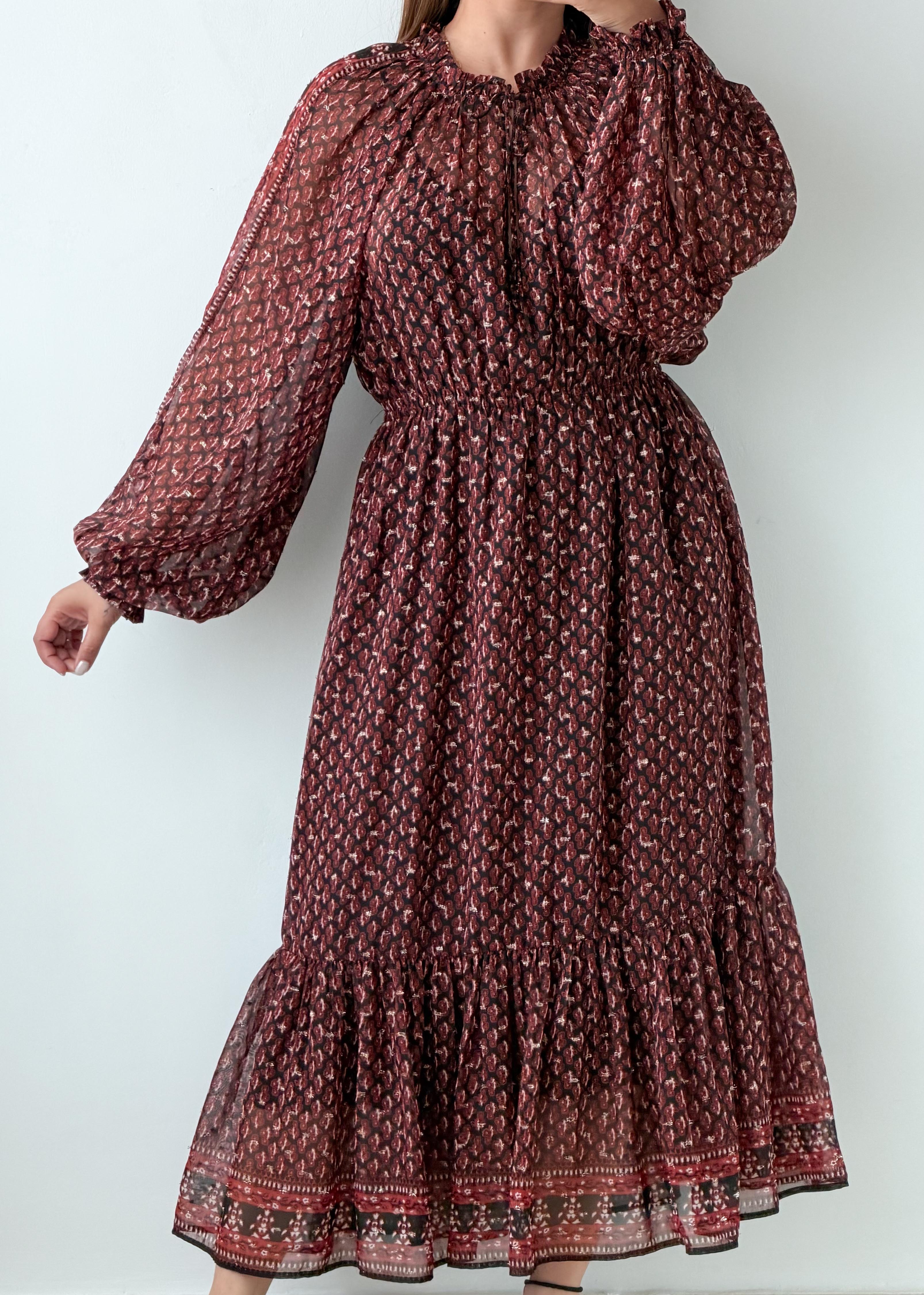 Size S-M Burgundy Printed Tiered Maxi Dress