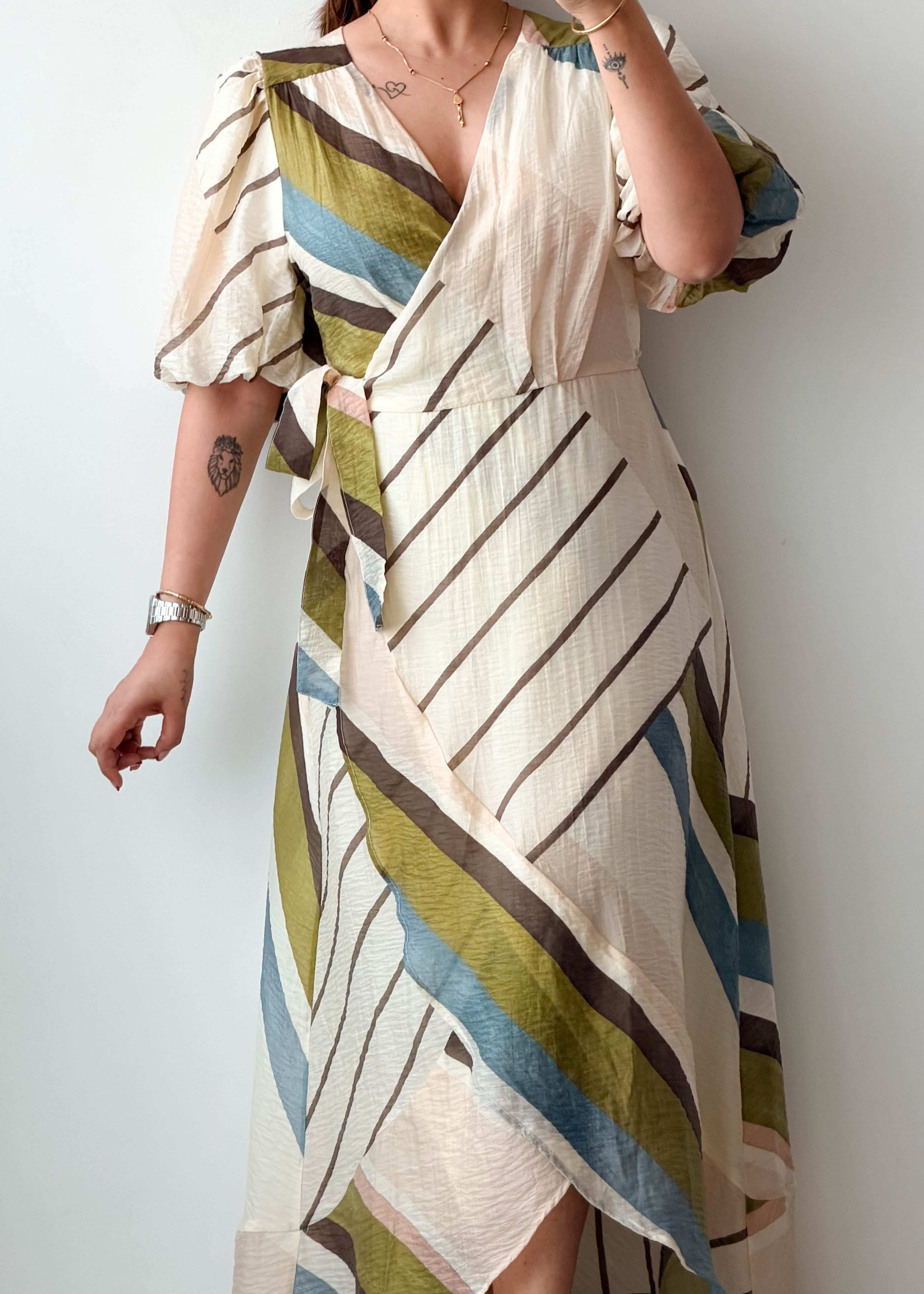 Size M-XL Striped Wrap Maxi Dress