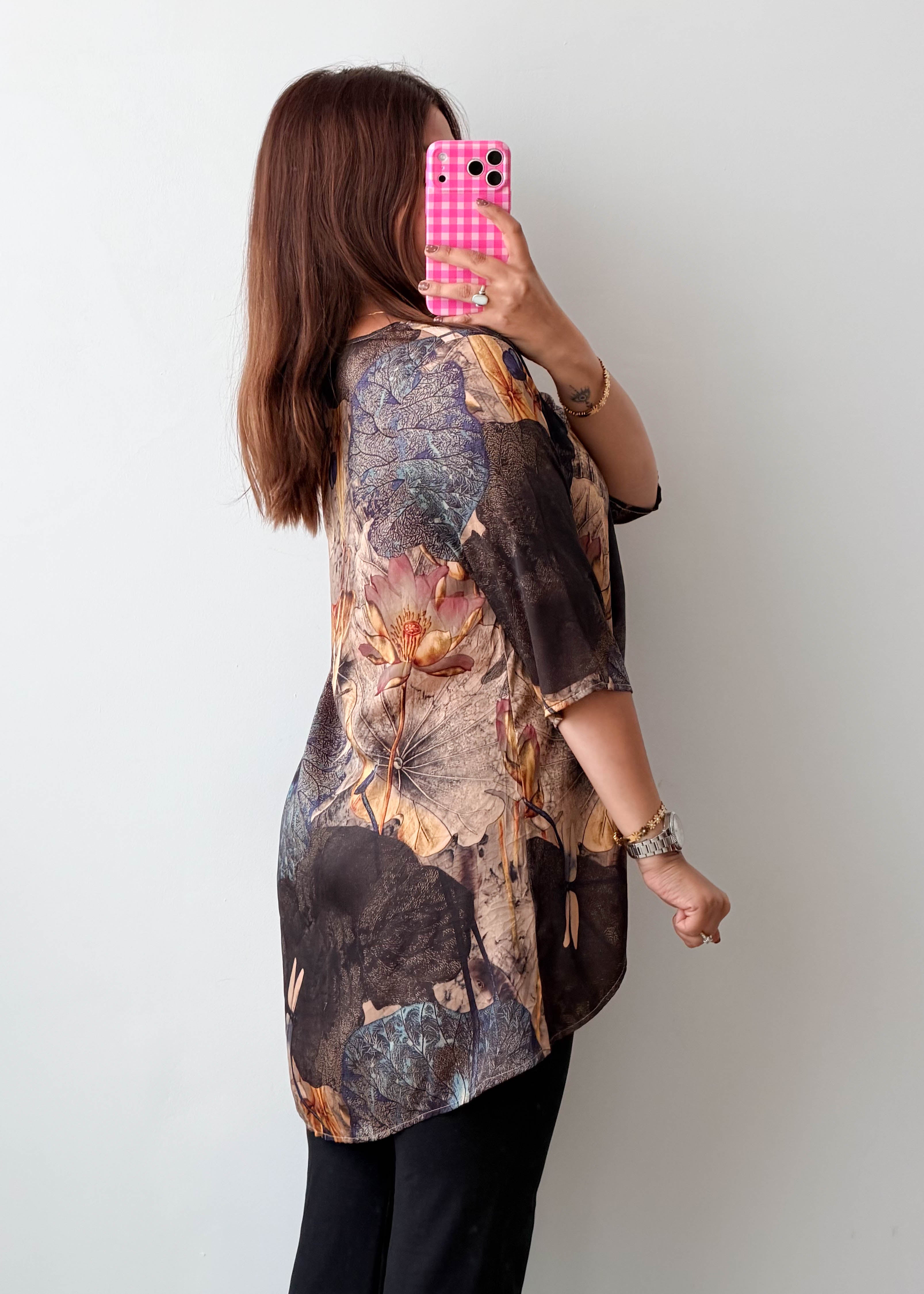 Size L-XL Brown Abstract High-Low Tunic Top