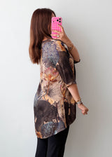 Size L-XL Brown Abstract High-Low Tunic Top