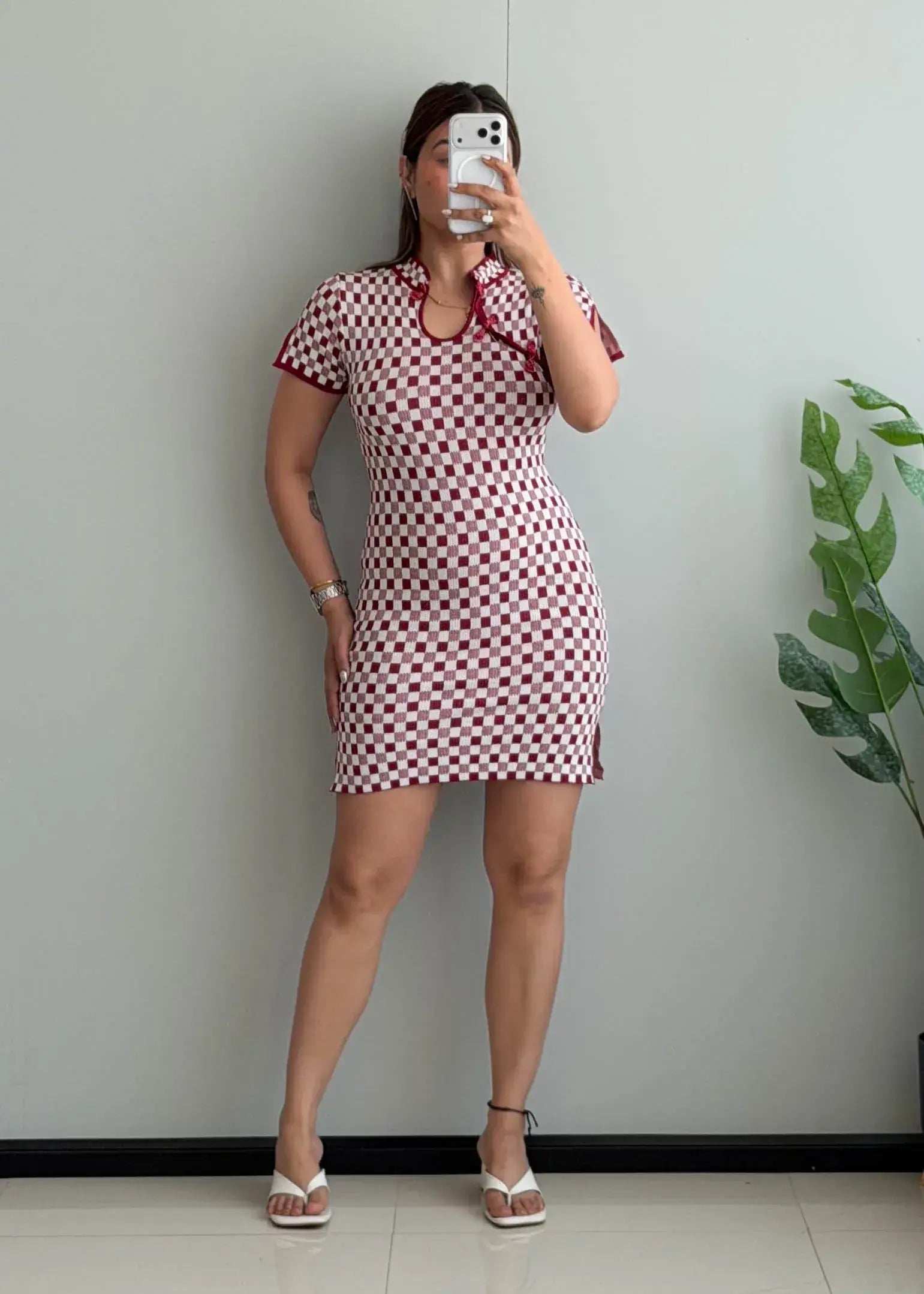 SIZE S-M, Red Checkered Knit Mini Dress - Closet by Payal