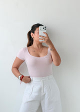 Size S-M Blush Ribbed Short Sleeve Bodysuit