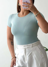 Size XS, Powder Blue Round Neck Half Sleeve Bodysuit